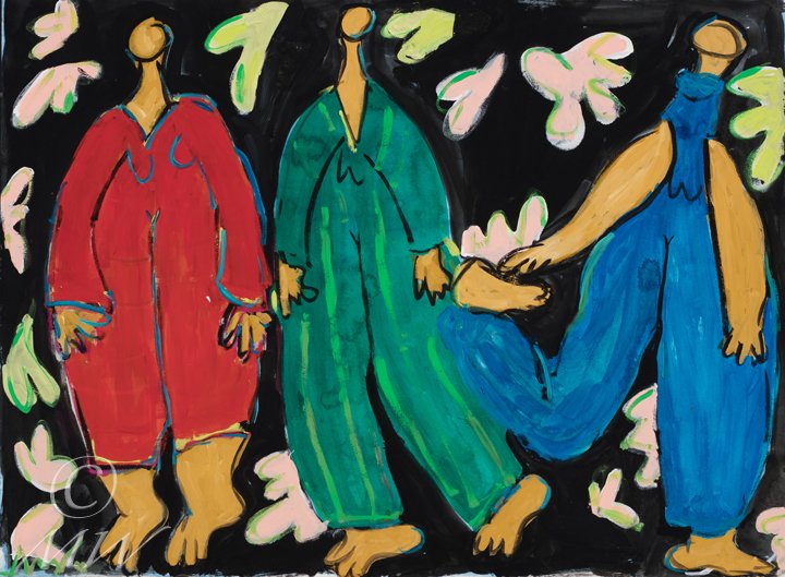 Painting of three faceless women with big feet, dressed in colorful pajamas, holding hands and standing against a black background with pink and white floral patterns.
