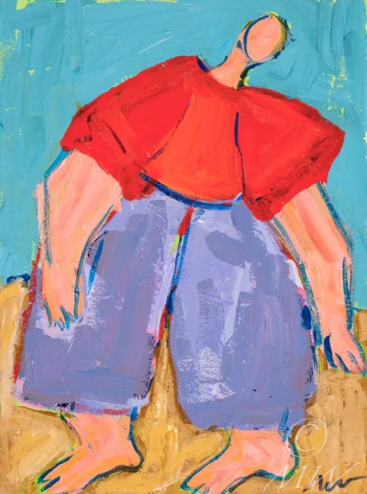 An abstract painting of a person with a round head, wearing a red shirt and purple pants, standing barefoot on a tan surface with a blue background.