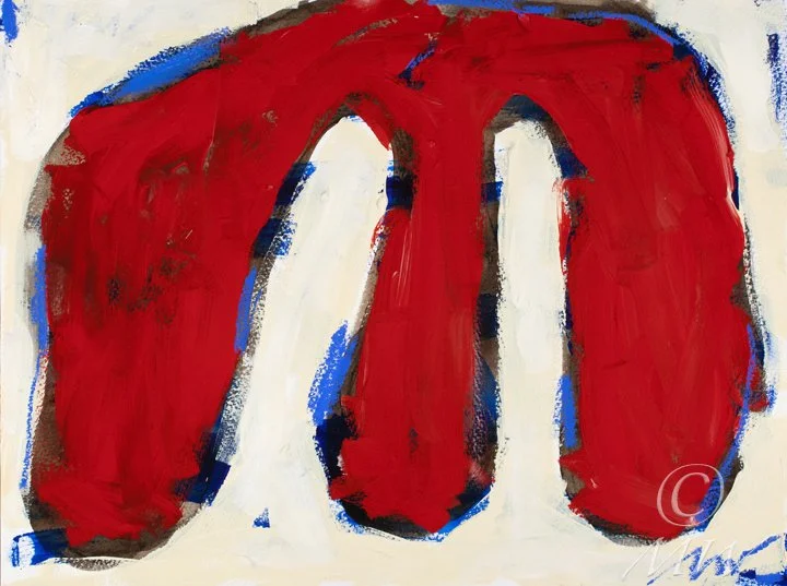 Abstract painting with large red strokes and white, blue, and black accents.