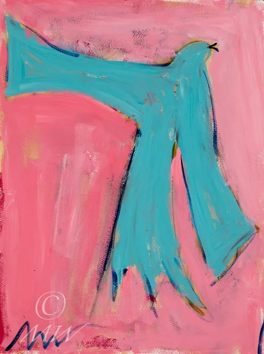 Abstract painting of a pair of turquoise blue pants with a wide-leg style, set against a pink background.
