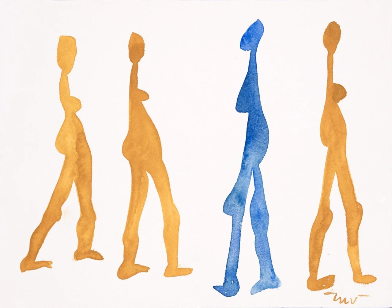 Watercolor painting of five walking figures, four in orange and one in blue, all walking from left to right.