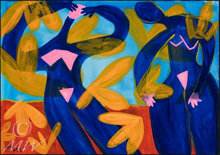 Abstract painting of two stylized women with dark blue bodies and long limbs, one with sunglasses, set against a vibrant background of yellow, orange, red, and blue.