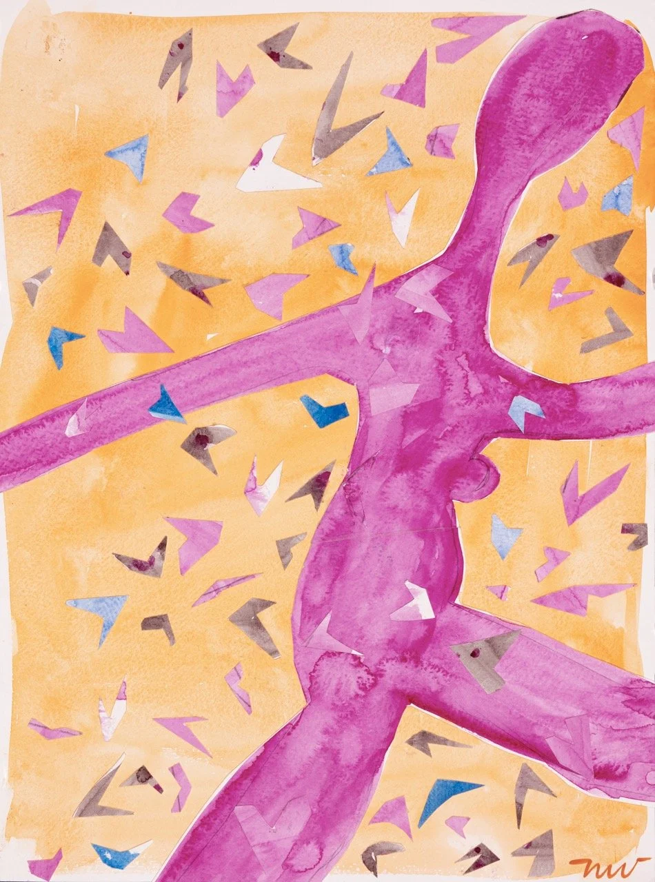 Watercolor painting of a pink abstract tree with a hollow trunk and spreading branches on an orange background, surrounded by colorful paper cutouts.