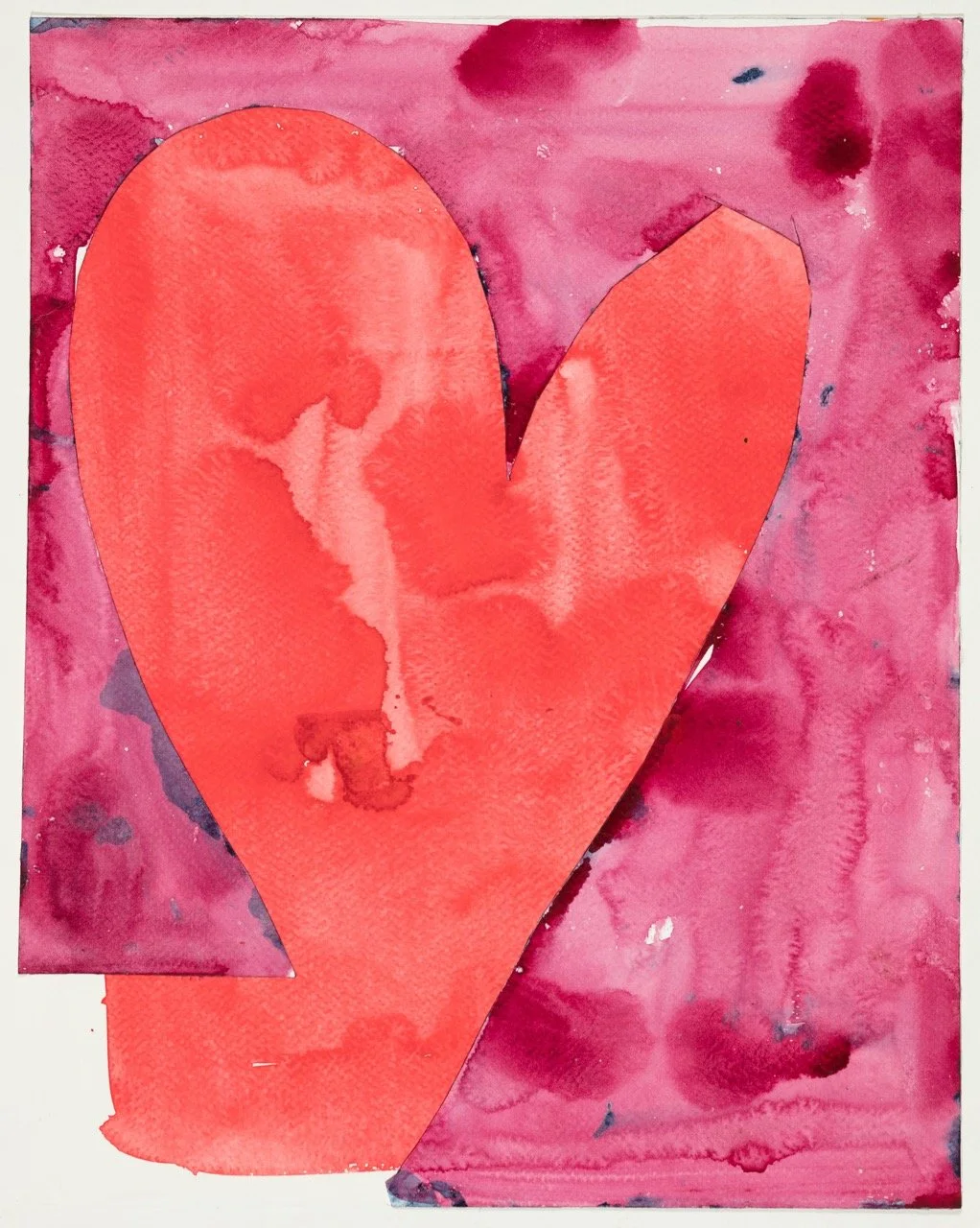 A watercolor painting of a red heart on a pink and purple watercolor background.