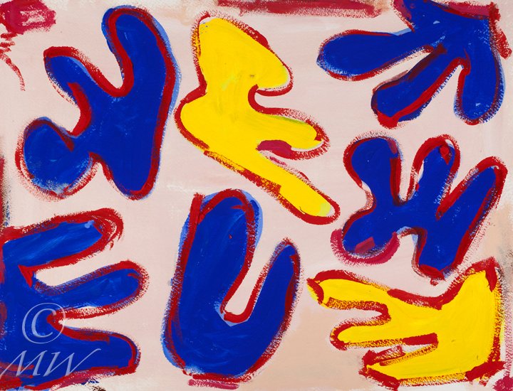 Abstract painting with blue and yellow shapes outlined in red on a light pink background.