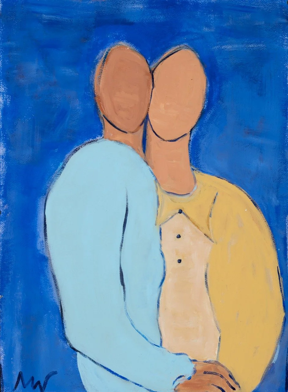 Abstract painting of two faceless figures standing close, one with brown skin in a light blue shirt and the other with light skin in a yellow shirt against a dark blue background.