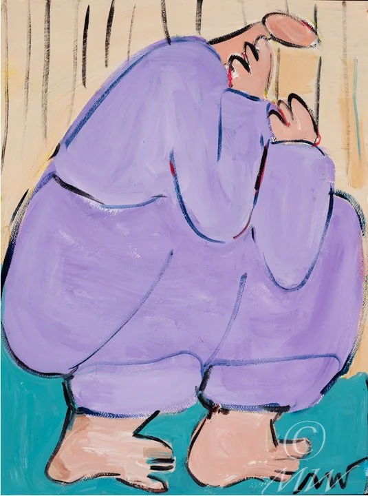 A cartoon-style drawing of a person kneeling on the ground, wearing a purple robe and covering their face with their hands. The background has vertical beige lines, and the person is depicted with large feet and a bald head.