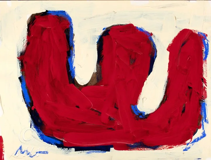 Abstract painting of a red flexed arm muscle with blue outline on a white background.