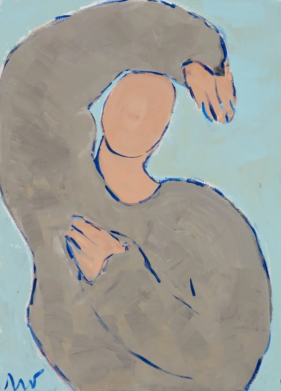 Abstract painting of a person with no facial features, wearing a grayish-brown hoodie with arms crossed, against a light blue background.