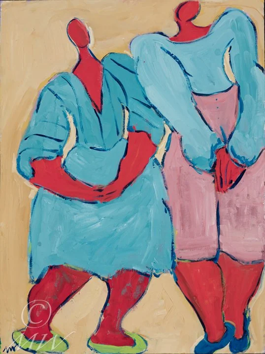 An abstract painting of two women standing close together, wearing blue skirts and tops, with red skin and hair, and colorful shoes.