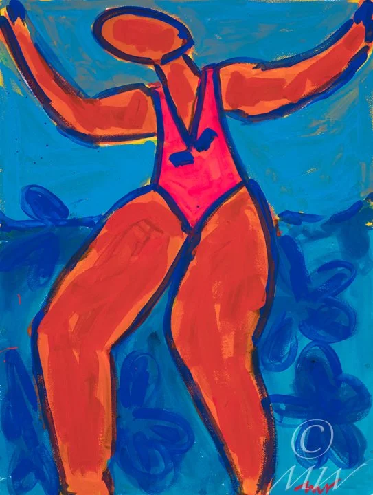 Colorful abstract painting of a woman in a pink swimsuit, depicted from the neck down with arms raised, against a blue background.