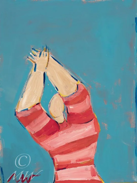 A painting of a person wearing a red and pink striped shirt, holding their hands together above their head against a blue background.