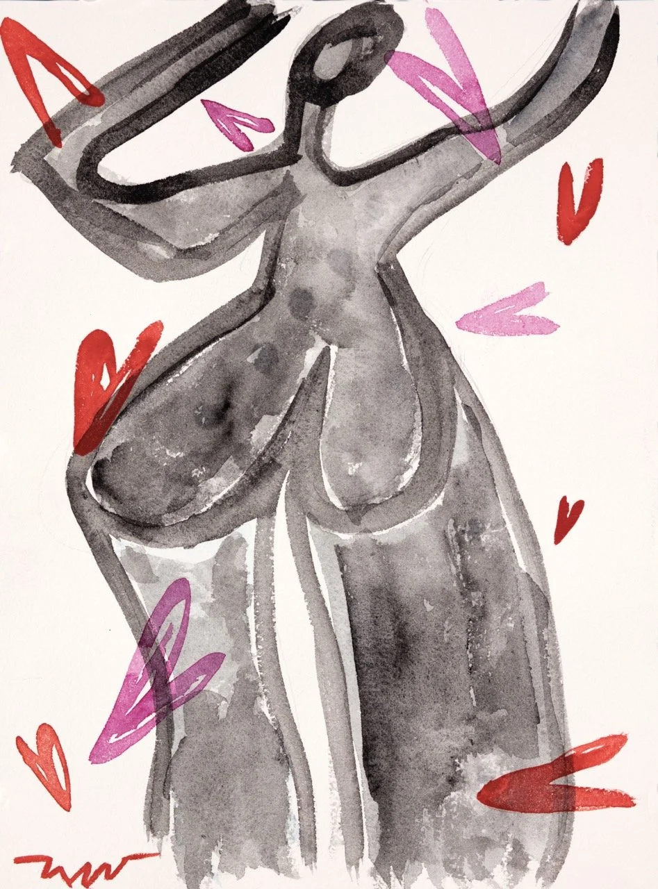 Sketch of a topless woman in grayscale with pink and red hearts surrounding her.