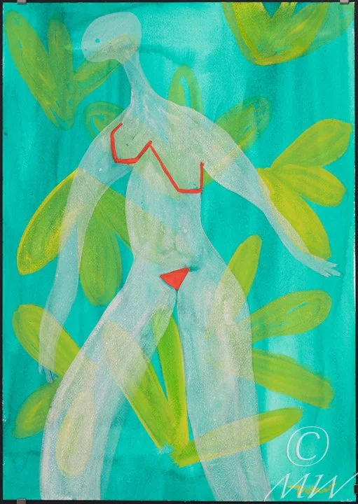 A colorful painting of a stylized human figure with an abstract background of green leaves and blue. The figure is semi-transparent, with red accents on the chest and torso, and red triangular shapes at the waist. The background is mainly turquoise w