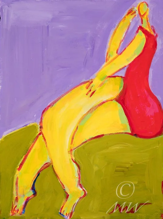 Abstract painting of a woman sitting on a green surface, with a purple background, wearing a red dress, with yellow skin and colorful outlines.