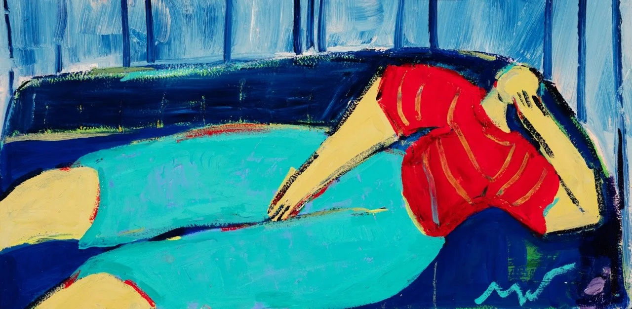 A colorful painting of a woman in a red dress reclining on a blue bed with a yellow pillow, resting her head on her hands, in a room with a blue background.