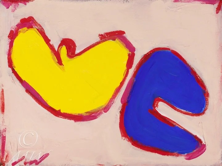 Abstract painting with yellow and red shape on the left and blue shape on the right on a light pink background.