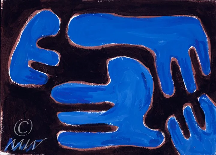 Painting of two blue human hands reaching toward each other against a dark background.