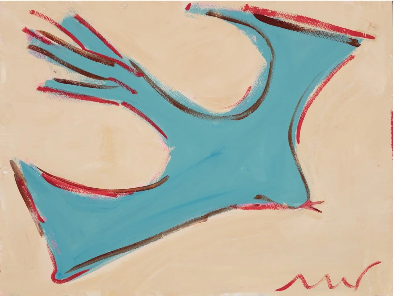 An abstract painting of a human torso with an emphasis on the back and waist area. The figure is depicted in light blue with red and brown outlining, set against a beige background. The style is loose and expressive.