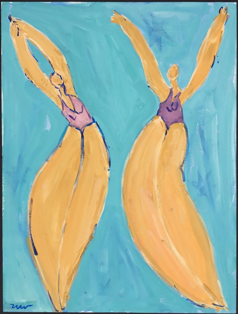 Abstract painting of two women's legs seen from below, with colored swimsuits and stretched arms against a blue background.