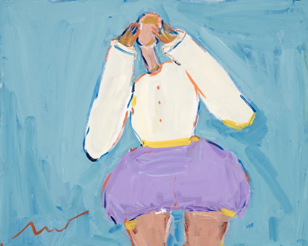 Abstract painting of a woman with blonde hair, wearing a white blouse and purple skirt, set against a blue background.