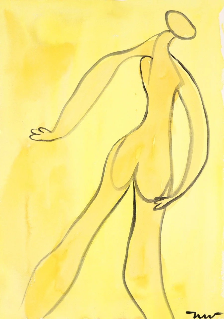 Line drawing of a nude woman with a hat, set against a yellow background.