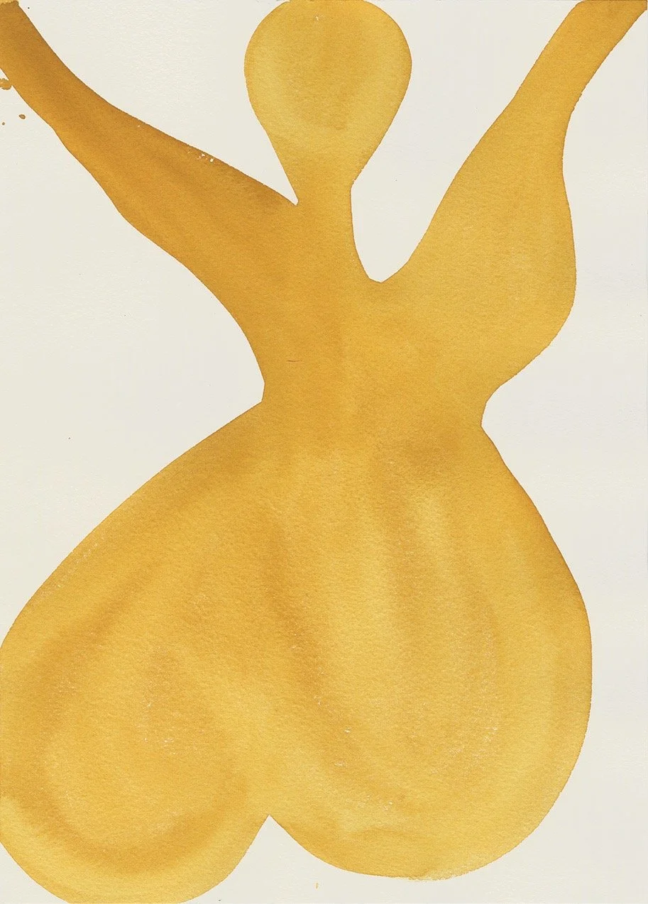 A yellow silhouette of a woman with one arm raised and the other bent, depicted in a stylized, abstract form.