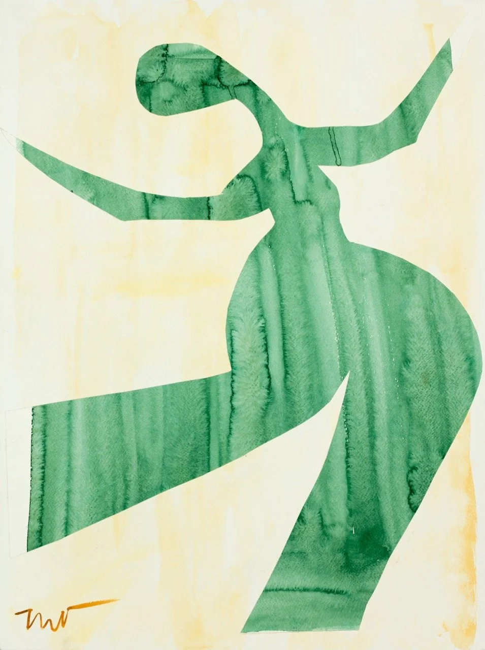 Green watercolor silhouette of a woman with one arm raised and head turned.