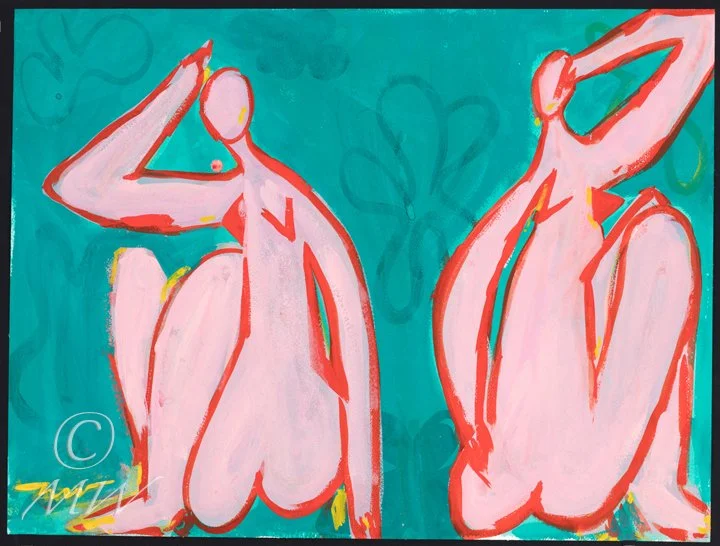 Two abstract pink female figures with their backs turned, sitting with one arm raised behind their heads, against a green background with faint heart shapes.