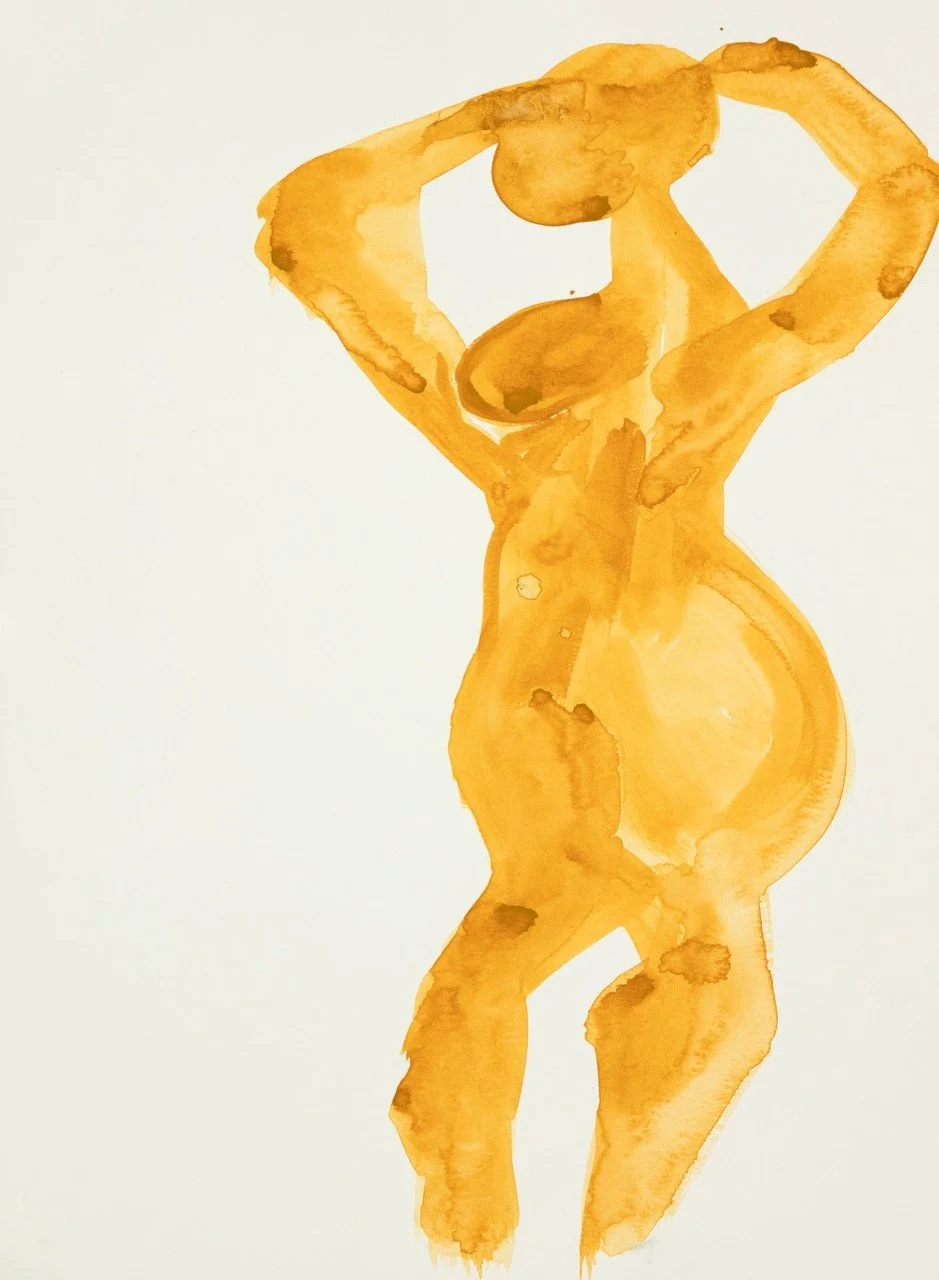Watercolor painting of a female figure with hands raised over her head, showing her side profile, in shades of orange and yellow.