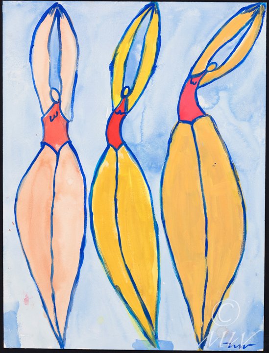 Abstract artwork of three elongated, stylized women with long limbs and red torsos, painted in shades of beige, yellow, and orange, against a light blue background.