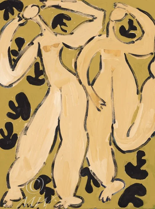 Abstract painting of two nude female figures standing back to back, with large black brushstrokes on a yellow-green background.
