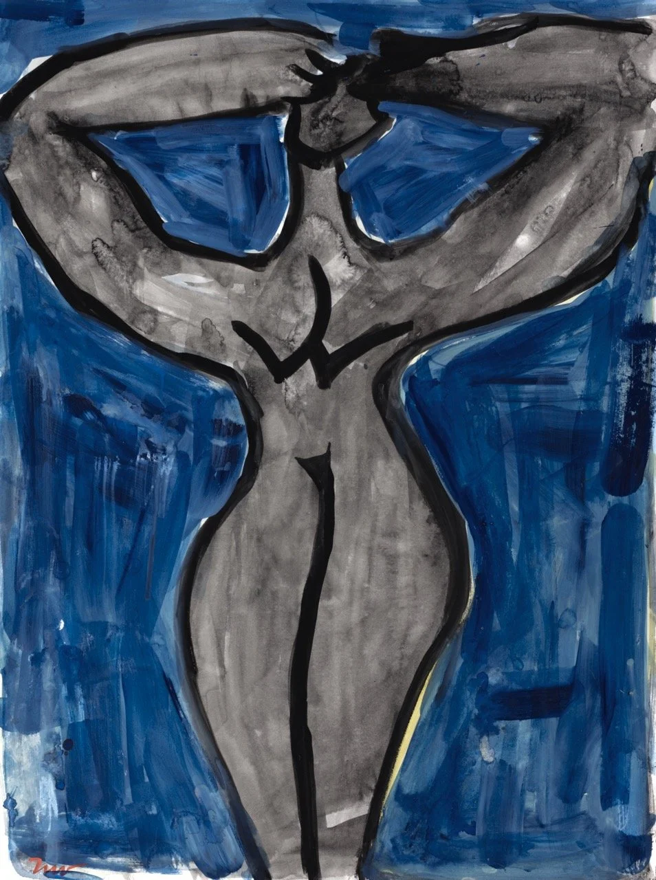 Abstract painting of a humanoid figure with sunglasses, painted in shades of gray and blue, with black outlines.