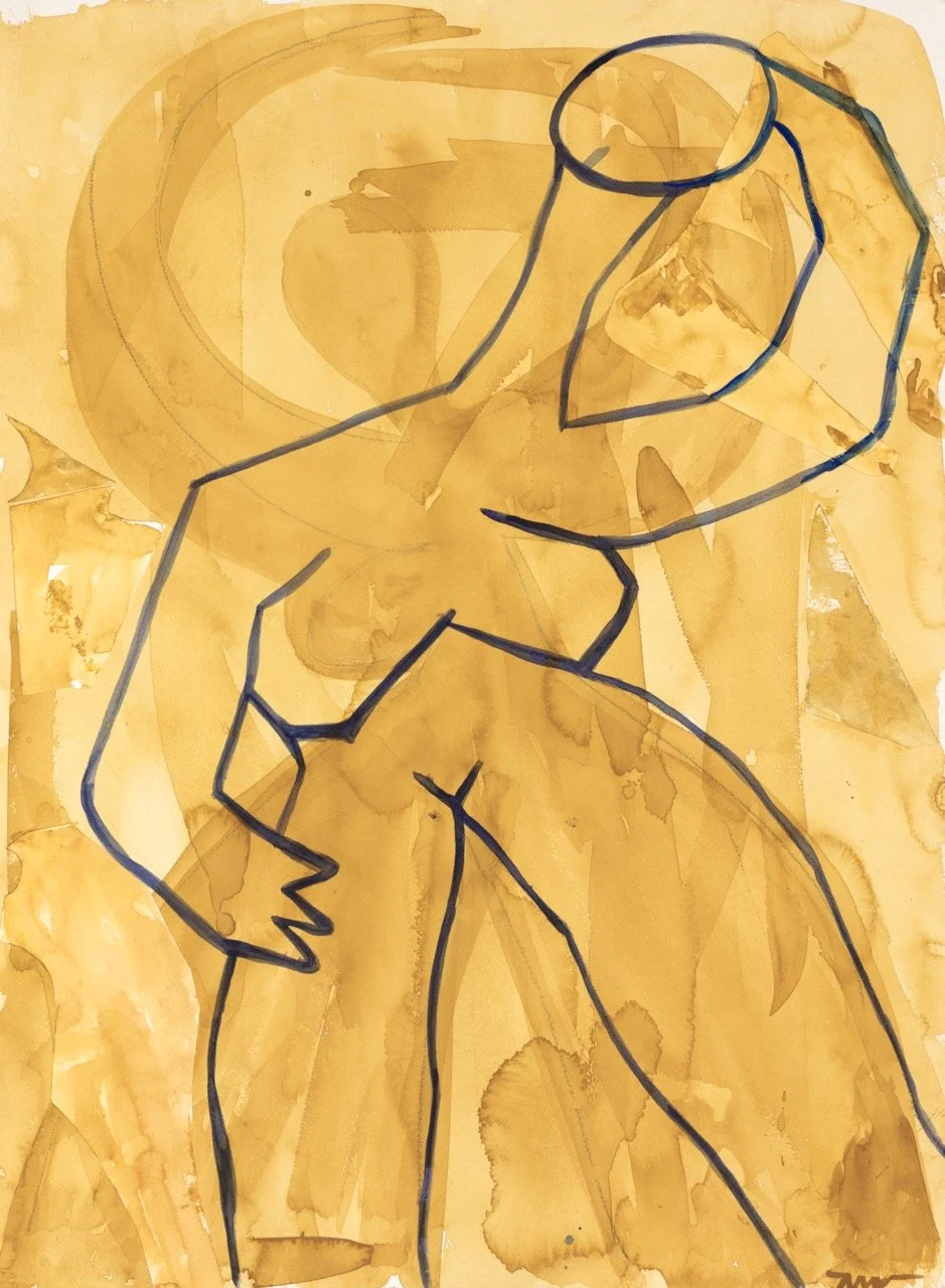 Line drawing of a seated female figure with her hand on her head, sketched over a yellow watercolor background.