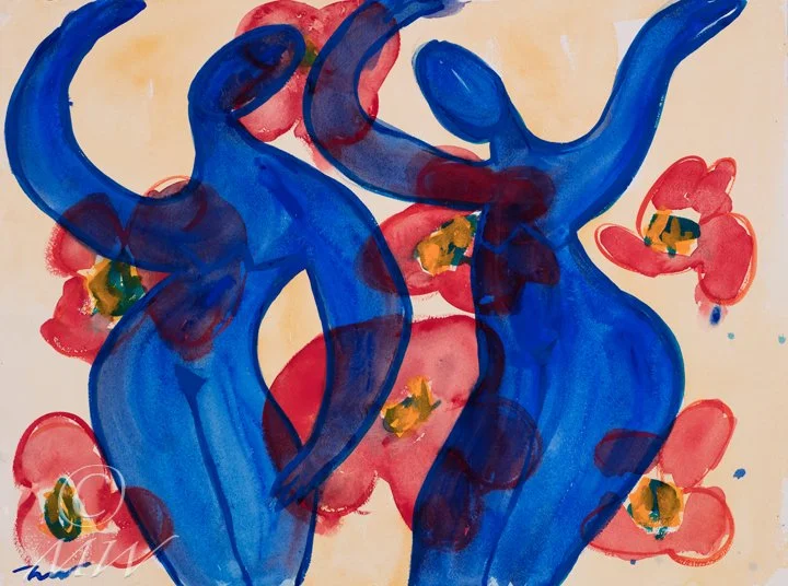 Abstract painting of two blue human figures surrounded by pink flowers.