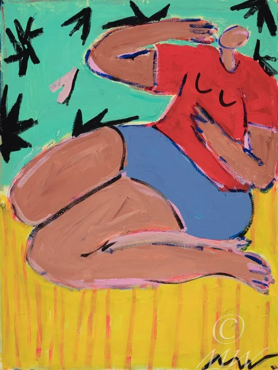 Abstract painting of a hugging woman with red shirt, blue shorts, and a tan arm. Black stylized leaves surround her on a multicolored background.
