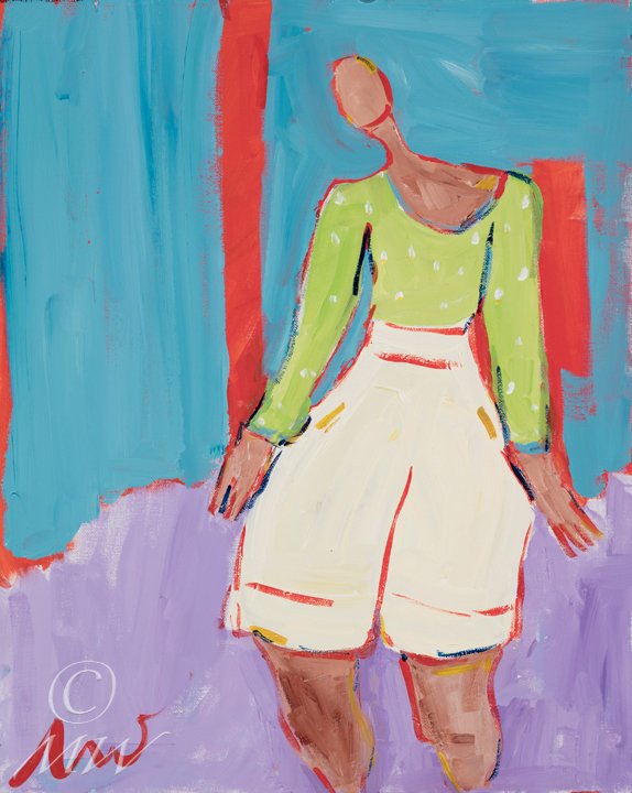 Abstract painting of a woman in a green top and white shorts, standing indoors with a colorful background.