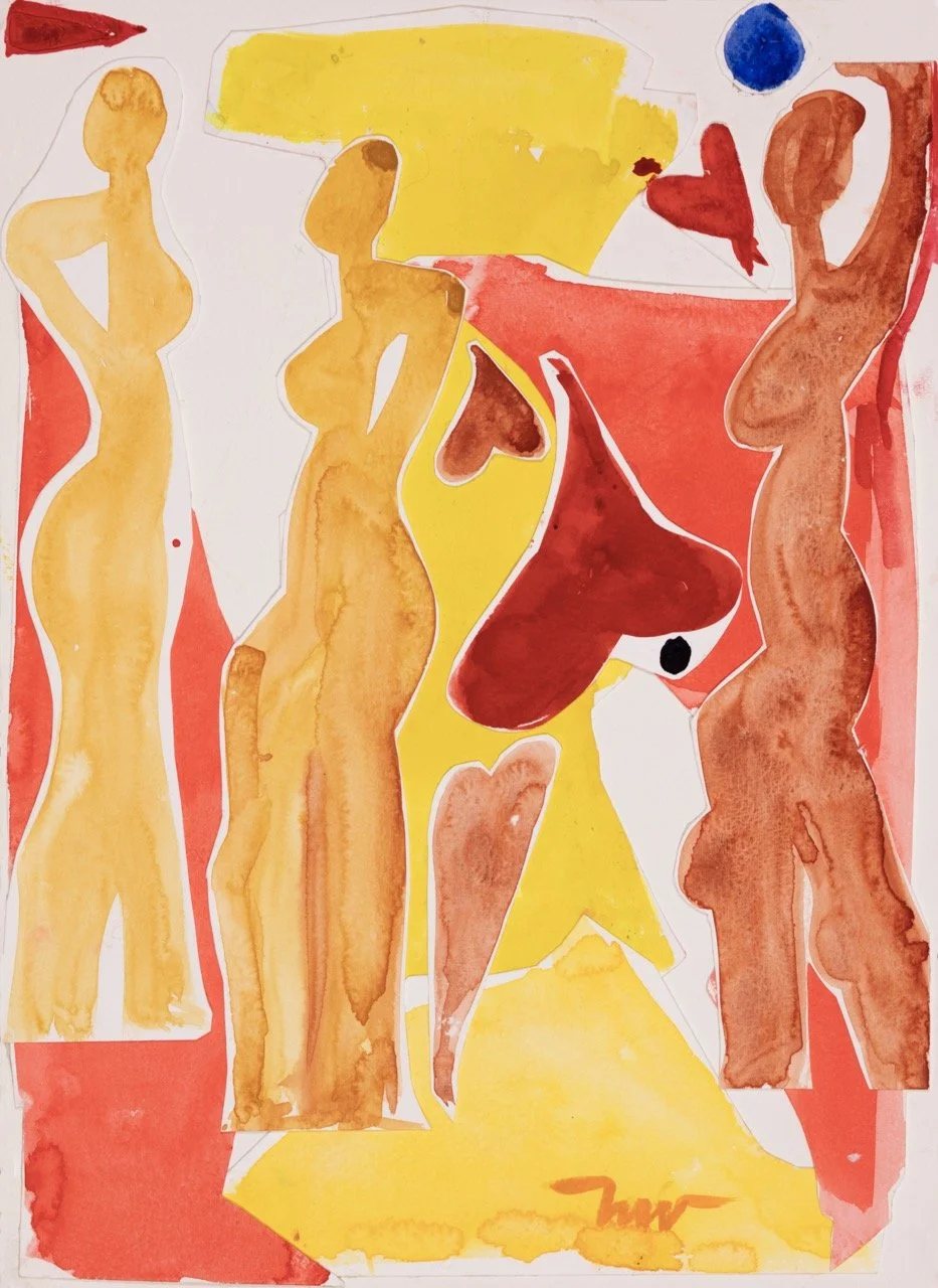 Abstract watercolor artwork featuring five stylized female figures in various poses, with yellow, red, and brown hues, and a blue circle in the top right corner.