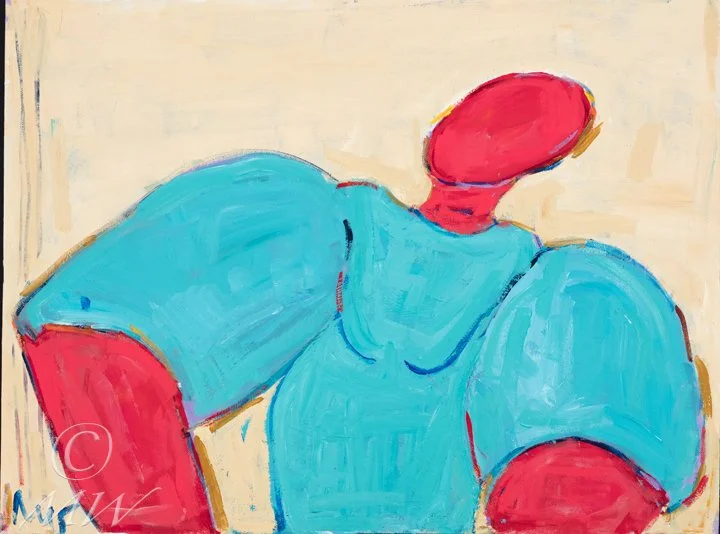 Abstract painting of a person wearing a blue shirt and red hat, viewed from behind, with simplified and bold brushstrokes.