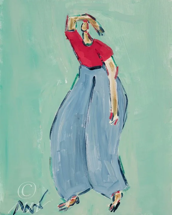 Abstract painting of a person with short hair, wearing a red top and large gray pants, standing against a green background.