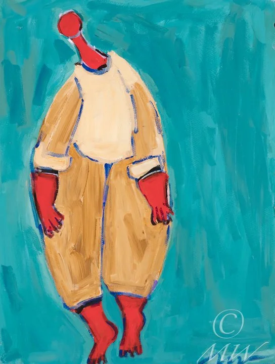 Abstract painting of a person with red skin, wearing a beige coat and pants, standing against a teal background.