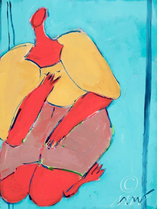 Abstract painting of a person with yellow hair, red arms, and an orange hat, sitting with their head resting on their hand.