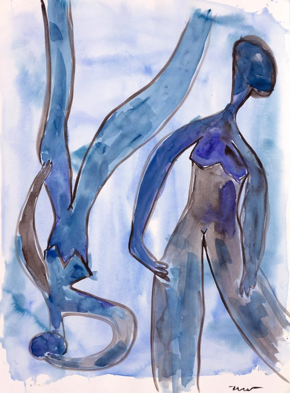 Watercolor painting of a standing female figure with hands on hips, depicted in shades of blue and purple, with an abstract swirl to the left.