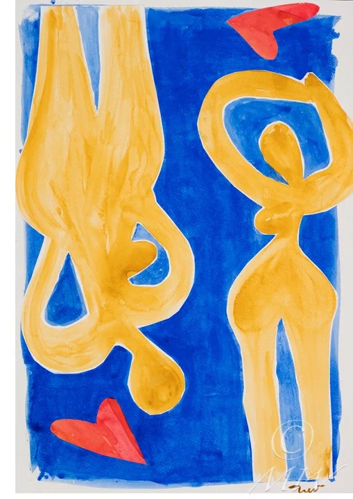 Abstract painting with yellow curvy shapes on a blue background, accented with red heart-like shapes.