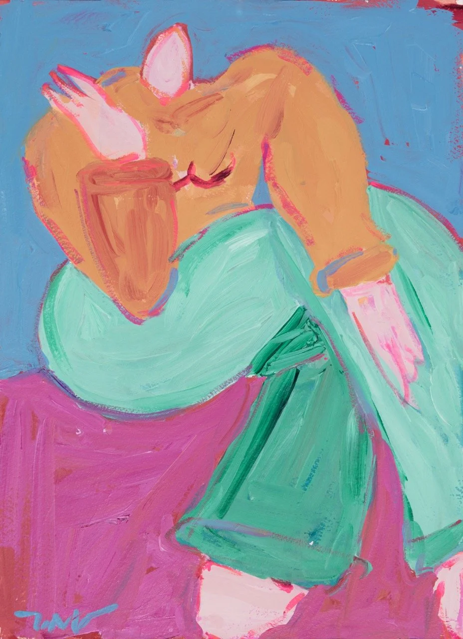 Abstract painting of a person with orange hair, arms crossed, resting their face on their forearms, wearing a light green top and pink skirt, with a blue background.