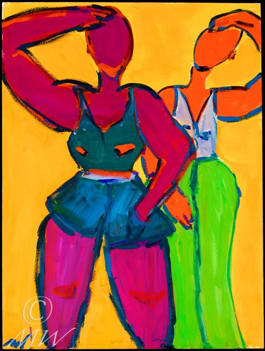 Abstract painting of two women with vibrant colors, one in a blue top and pink pants, the other in a white top and green pants, on a yellow background.