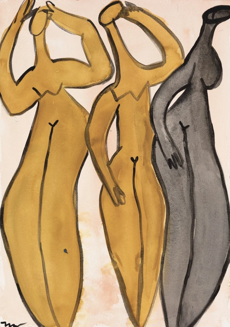 Artwork of three stylized female figures, two in yellow and one in gray, with minimal facial features and simple lines.