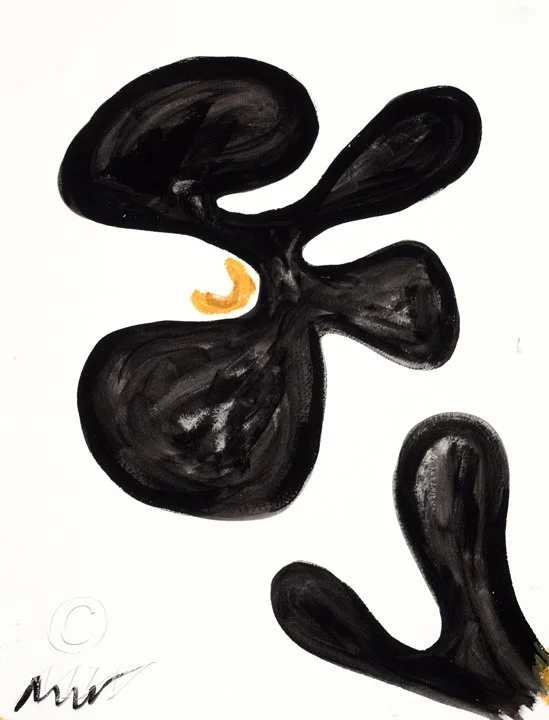 An abstract black and orange painting on white background, featuring flowing shapes and brushstrokes.