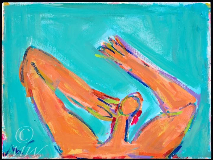 Abstract painting of a human figure with arms raised, painted in vibrant orange, on a turquoise background.