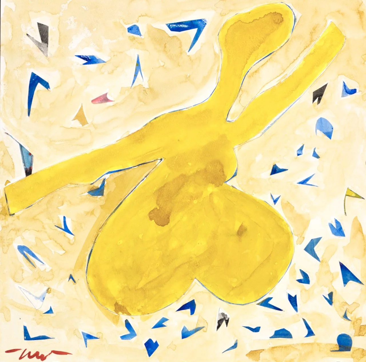 A yellow heart with a yellow rabbit silhouette on top, surrounded by blue, black, and red geometric shapes and confetti on a beige background.